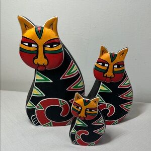 Wooden Colorful Cat Figurine Set handmade in Indonesia. Set of three. Adorable.